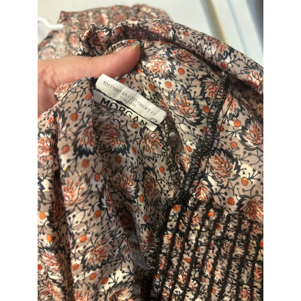 Y2K Morgan de Toi Floral Metallic Blouse Smocked Waist EU 38 S Romantic Boho - Picture 7 of 8